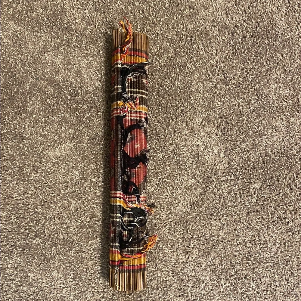 Ethnic Straw Table Runner with Red Mustard Black White Design
